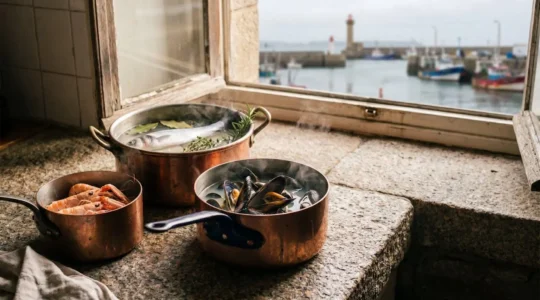 Trois casseroles de court-bouillon frémissant avec moules, langoustines et poisson entier, dans une cuisine au style breton baignée de lumière naturelle
