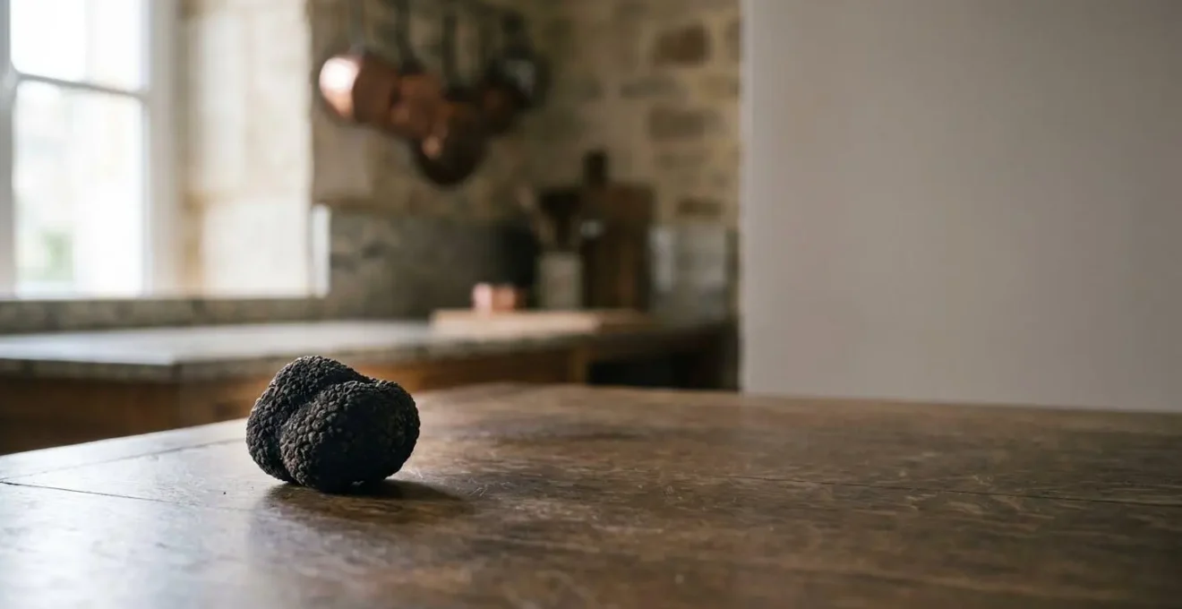 Truffe noire du Périgord fraîche posée sur une table en bois dans une ambiance de restaurant gastronomique breton