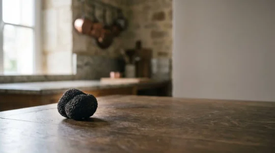 Truffe noire du Périgord fraîche posée sur une table en bois dans une ambiance de restaurant gastronomique breton