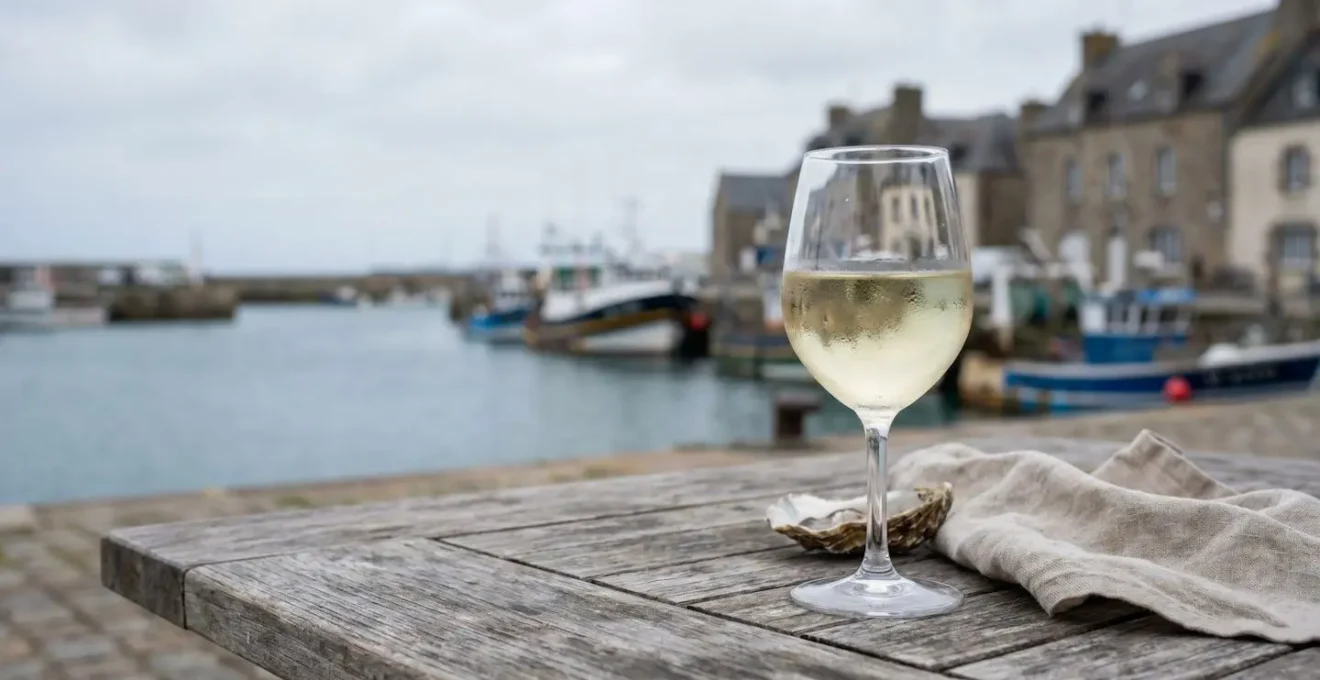 Un verre de vin blanc posé sur une table de bistrot avec vue sur le port de Brest, illustrant le choix du vin au verre