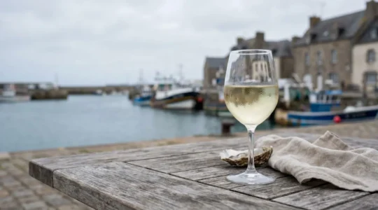 Un verre de vin blanc posé sur une table de bistrot avec vue sur le port de Brest, illustrant le choix du vin au verre