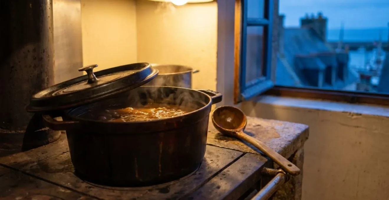 Cocotte en fonte fumante posée sur une cuisinière dans une cuisine de bistrot breton, symbolisant la viande mijotée fondante