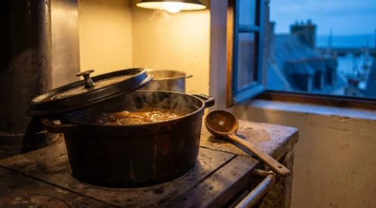 Cocotte en fonte fumante posée sur une cuisinière dans une cuisine de bistrot breton, symbolisant la viande mijotée fondante