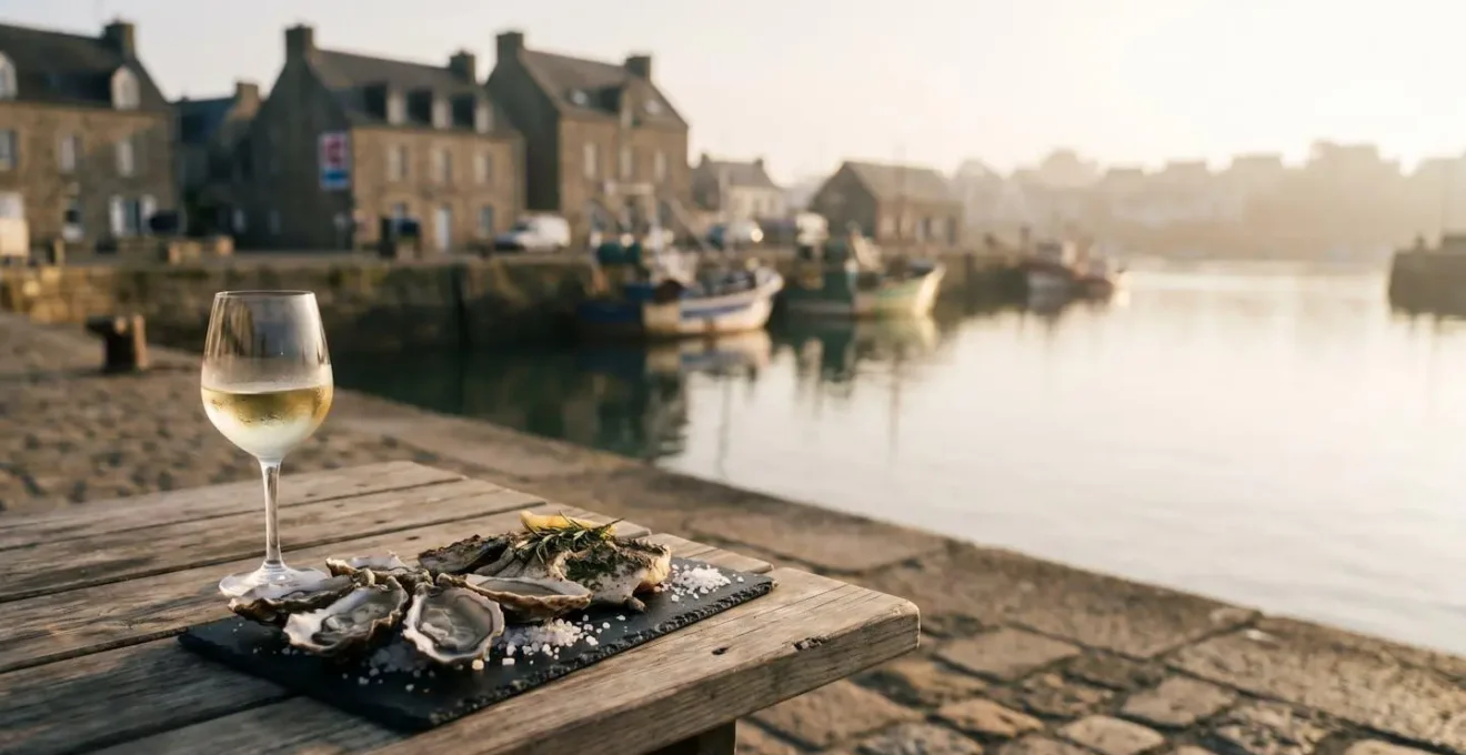 Une table de dégustation en bord de mer à Brest avec un verre de vin blanc givré, un plateau de fruits de mer et des poissons grillés, illustrant l'accord parfait entre vin et produits de la mer