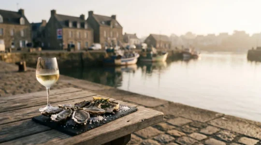 Une table de dégustation en bord de mer à Brest avec un verre de vin blanc givré, un plateau de fruits de mer et des poissons grillés, illustrant l'accord parfait entre vin et produits de la mer